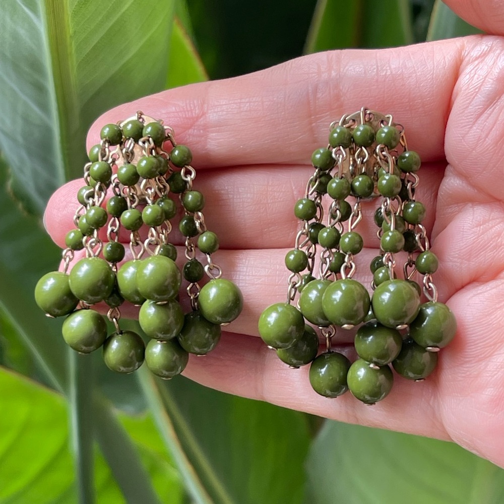 Olive green lucite bead gold tone clip on earrings